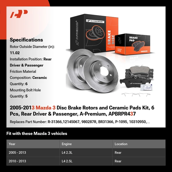 2005-2013 Mazda 3 Disc Brake Rotors and Ceramic Pads Kit, 6 Pcs, Rear Driver & Passenger, A-Premium, APBRPR437