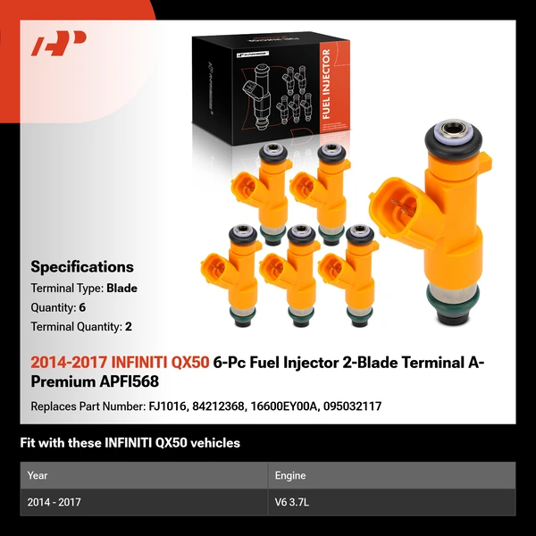 2014-2017 INFINITI QX50 6-Pc Fuel Injector 2-Blade Terminal A-Premium APFI568