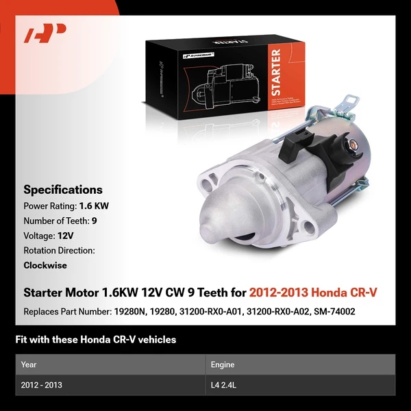 Starter Motor 1.6KW 12V CW 9 Teeth for 2012-2013 Honda CR-V