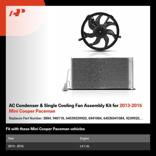AC Condenser & Single Cooling Fan Assembly Kit for 2013-2016 Mini Cooper Paceman