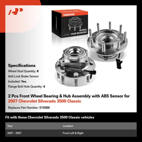 2 Pcs Front Wheel Bearing & Hub Assembly with ABS Sensor for 2007 Chevrolet Silverado 3500 Classic