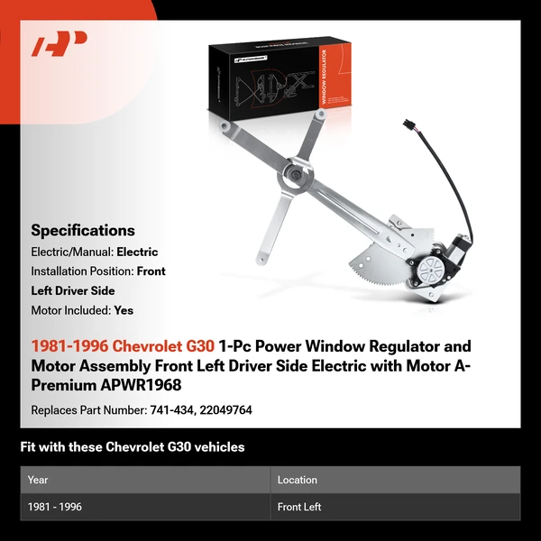 1981-1996 Chevrolet G30 1-Pc Power Window Regulator and Motor Assembly Front Left Driver Side Electric with Motor A-Premium APWR1968