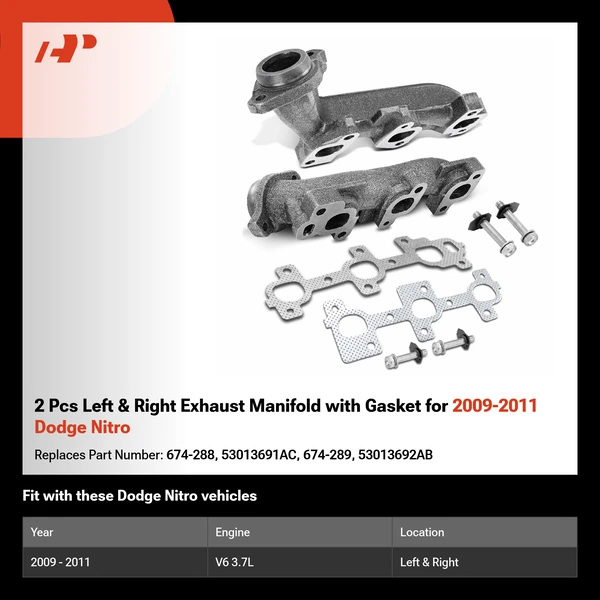 2 Pcs Left & Right Exhaust Manifold with Gasket for 2009-2011 Dodge Nitro