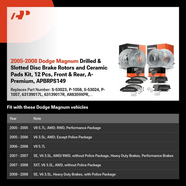 2005-2008 Dodge Magnum Drilled & Slotted Disc Brake Rotors and Ceramic Pads Kit, 12 Pcs, Front & Rear, A-Premium, APBRPS149