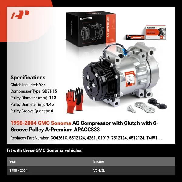 1998-2004 GMC Sonoma AC Compressor with Clutch with 6-Groove Pulley A-Premium APACC833