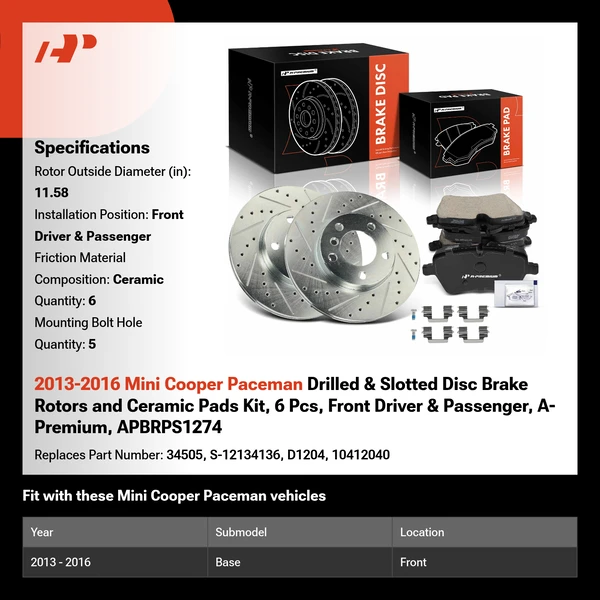 2013-2016 Mini Cooper Paceman Drilled & Slotted Disc Brake Rotors and Ceramic Pads Kit, 6 Pcs, Front Driver & Passenger, A-Premium, APBRPS1274
