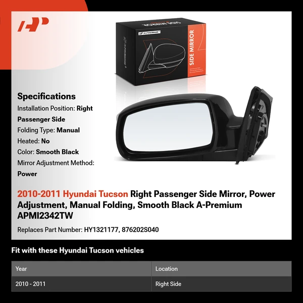 2010-2011 Hyundai Tucson Right Passenger Side Mirror, Power Adjustment, Manual Folding, Smooth Black A-Premium APMI2342TW