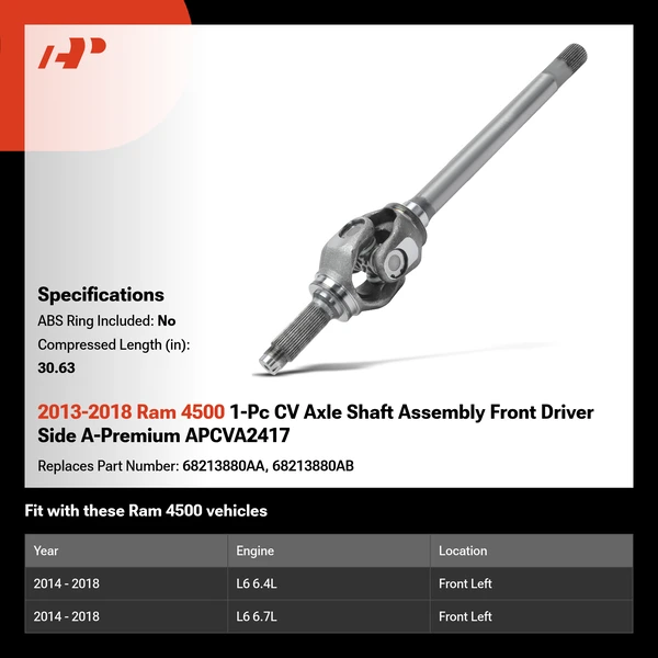 2013-2018 Ram 4500 1-Pc CV Axle Shaft Assembly Front Driver Side A-Premium APCVA2417