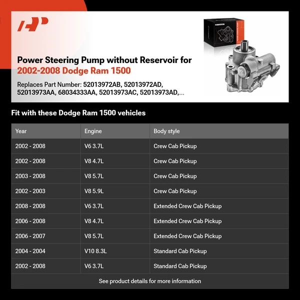 Power Steering Pump without Reservoir for 2002-2008 Dodge Ram 1500