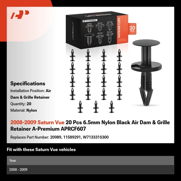 2008-2009 Saturn Vue 20 Pcs 6.5mm Nylon Black Air Dam & Grille Retainer A-Premium APRCF607