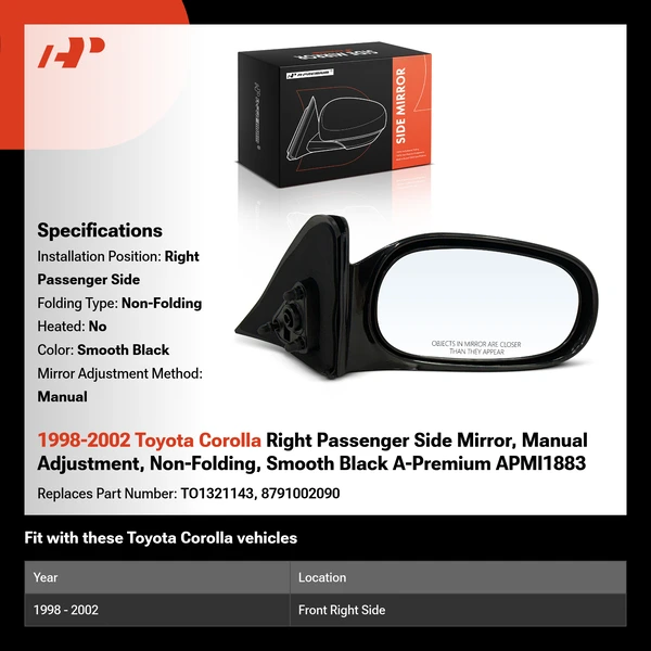 1998-2002 Toyota Corolla Right Passenger Side Mirror, Manual Adjustment, Non-Folding, Smooth Black A-Premium APMI1883