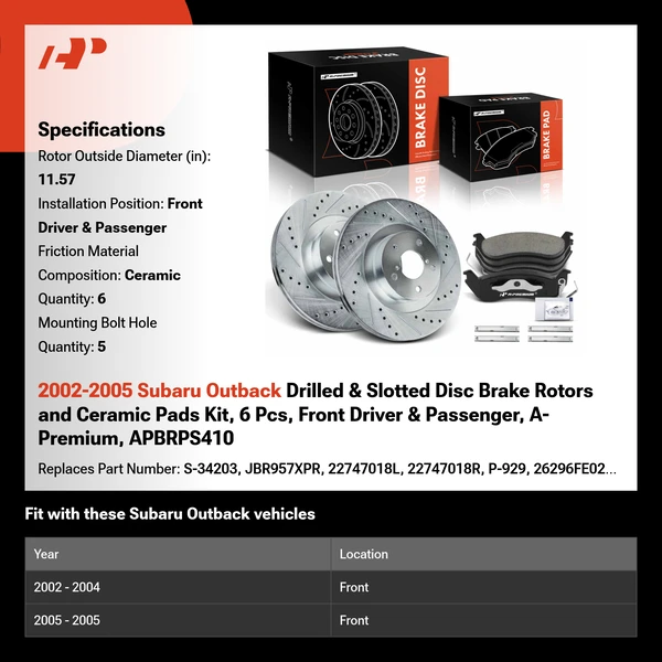 2002-2005 Subaru Outback Drilled & Slotted Disc Brake Rotors and Ceramic Pads Kit, 6 Pcs, Front Driver & Passenger, A-Premium, APBRPS410