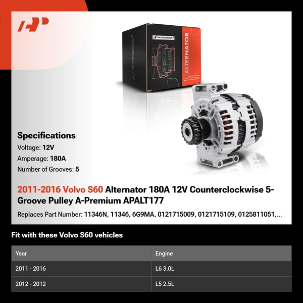 2011-2016 Volvo S60 Alternator 180A 12V Counterclockwise 5-Groove Pulley A-Premium APALT177