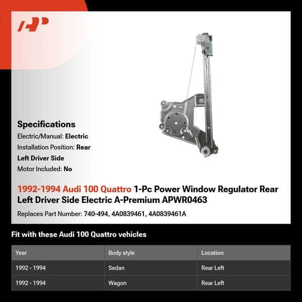 1992-1994 Audi 100 Quattro 1-Pc Power Window Regulator Rear Left Driver Side Electric A-Premium APWR0463