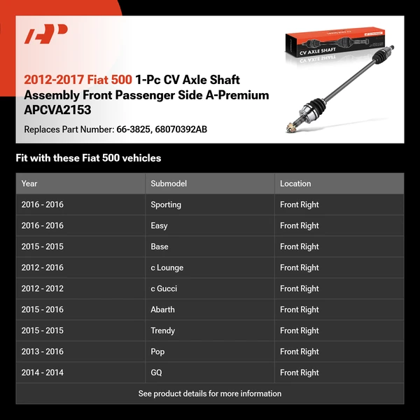 2012-2017 Fiat 500 1-Pc CV Axle Shaft Assembly Front Passenger Side A-Premium APCVA2153