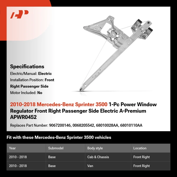 2010-2018 Mercedes-Benz Sprinter 3500 1-Pc Power Window Regulator Front Right Passenger Side Electric A-Premium APWR0452