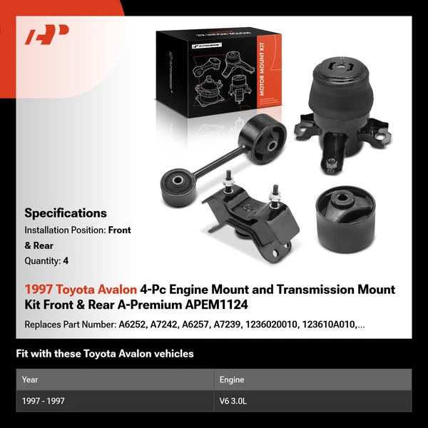 1997 Toyota Avalon 4-Pc Engine Mount and Transmission Mount Kit Front & Rear A-Premium APEM1124