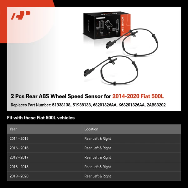 2 Pcs Rear ABS Wheel Speed Sensor for 2014-2020 Fiat 500L
