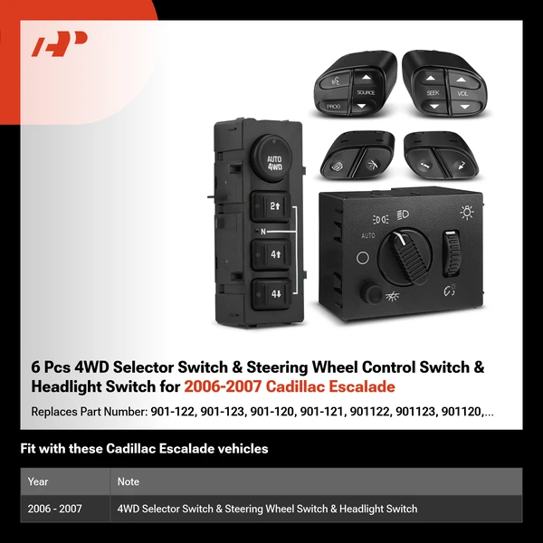 6 Pcs 4WD Selector Switch & Steering Wheel Control Switch & Headlight Switch for 2006-2007 Cadillac Escalade