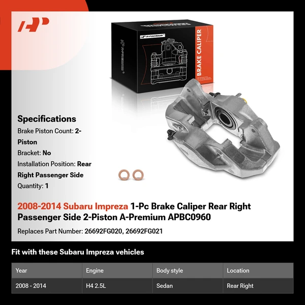 2008-2014 Subaru Impreza 1-Pc Brake Caliper Rear Right Passenger Side 2-Piston A-Premium APBC0960