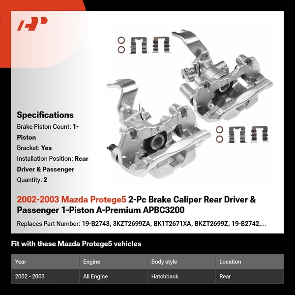 2002-2003 Mazda Protege5 2-Pc Brake Caliper Rear Driver & Passenger 1-Piston A-Premium APBC3200