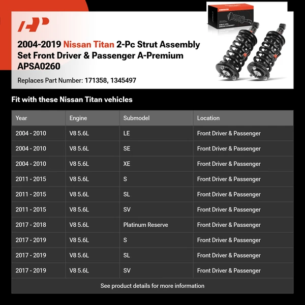 2004-2019 Nissan Titan 2-Pc Strut Assembly Set Front Driver & Passenger A-Premium APSA0260