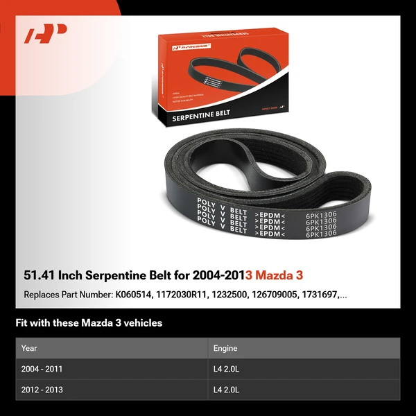 51.41 Inch Serpentine Belt for 2004-2013 Mazda 3