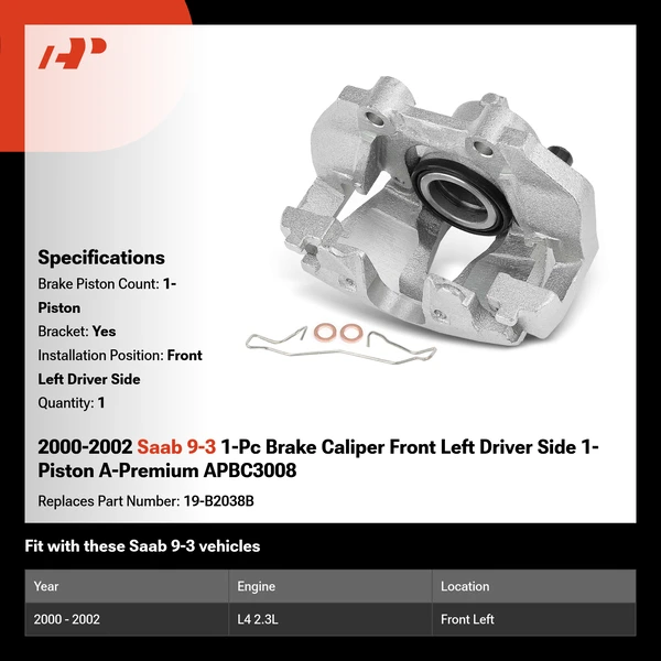 2000-2002 Saab 9-3 1-Pc Brake Caliper Front Left Driver Side 1-Piston A-Premium APBC3008