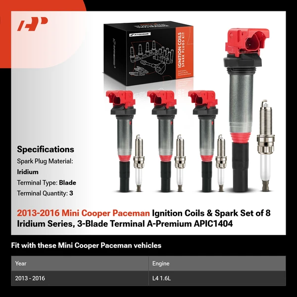 2013-2016 Mini Cooper Paceman Ignition Coils & Spark Set of 8 Iridium Series, 3-Blade Terminal A-Premium APIC1404