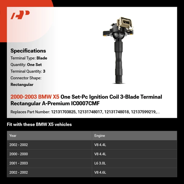 2000-2003 BMW X5 One Set-Pc Ignition Coil 3-Blade Terminal Rectangular A-Premium IC0007CMF