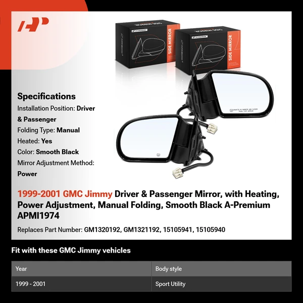 1999-2001 GMC Jimmy Driver & Passenger Mirror, with Heating, Power Adjustment, Manual Folding, Smooth Black A-Premium APMI1974