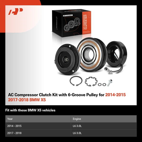 AC Compressor Clutch Kit with 6-Groove Pulley for 2014-2015 2017-2018 BMW X5