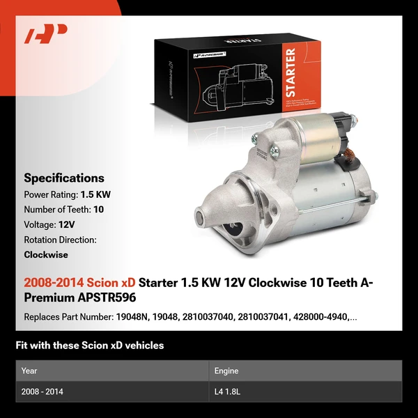 2008-2014 Scion xD Starter 1.5 KW 12V Clockwise 10 Teeth A-Premium APSTR596