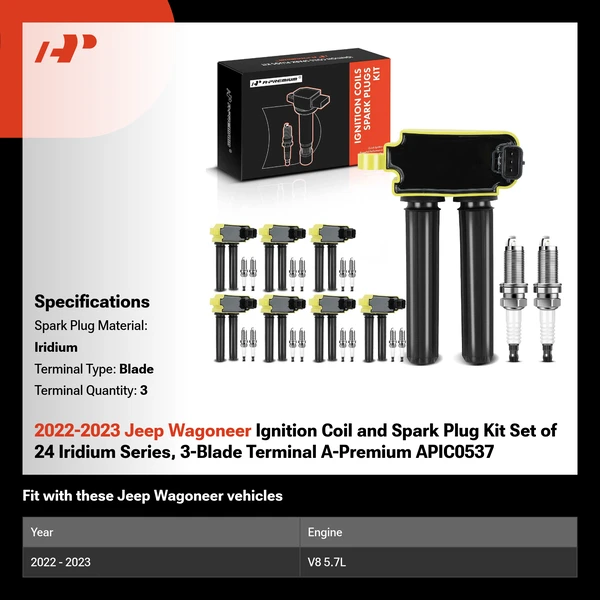 2022-2023 Jeep Wagoneer Ignition Coil and Spark Plug Kit Set of 24 Iridium Series, 3-Blade Terminal A-Premium APIC0537