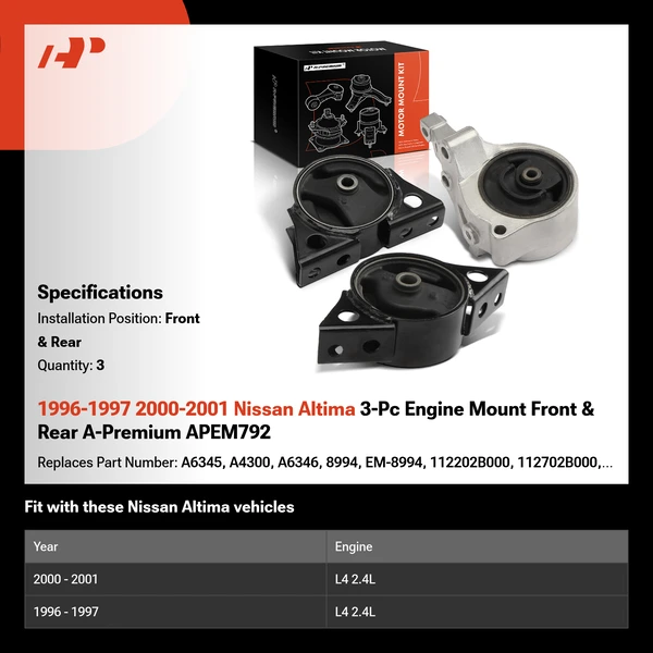 1996-1997 2000-2001 Nissan Altima 3-Pc Engine Mount Front & Rear A-Premium APEM792
