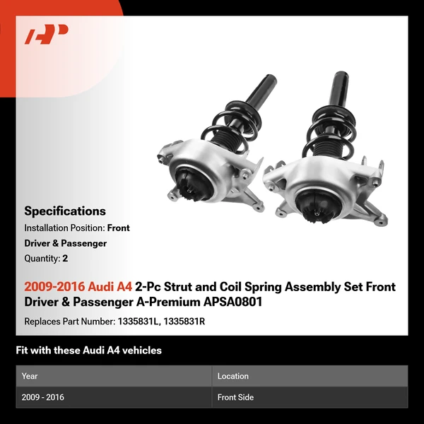 2009-2016 Audi A4 2-Pc Strut and Coil Spring Assembly Set Front Driver & Passenger A-Premium APSA0801