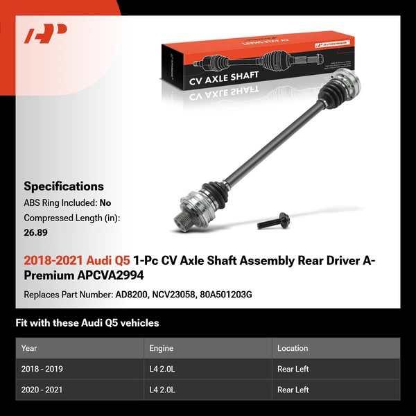 2018-2021 Audi Q5 1-Pc CV Axle Shaft Assembly Rear Driver A-Premium APCVA2994