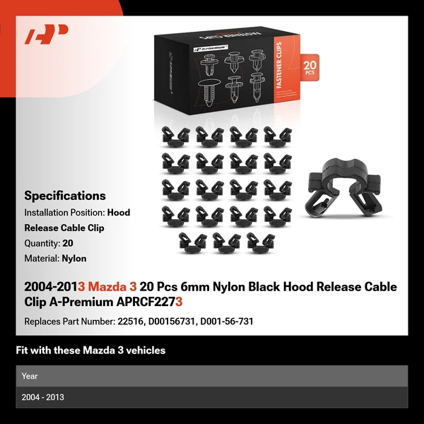 2004-2013 Mazda 3 20 Pcs 6mm Nylon Black Hood Release Cable Clip A-Premium APRCF2273