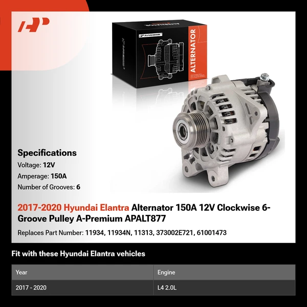 2017-2020 Hyundai Elantra Alternator 150A 12V Clockwise 6-Groove Pulley A-Premium APALT877