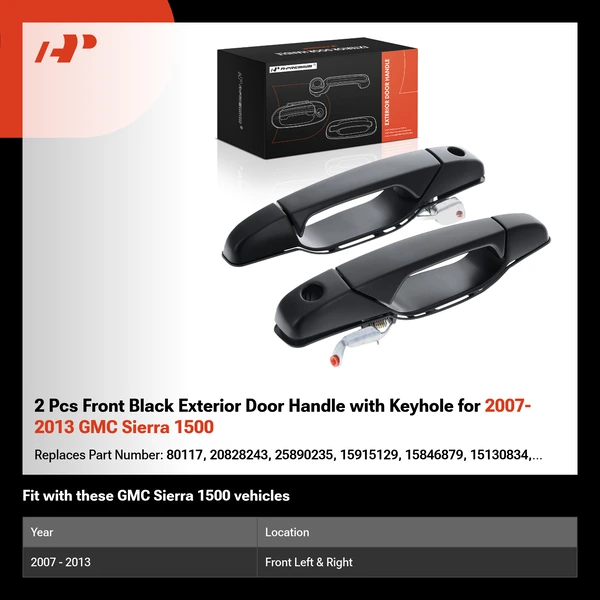 2 Pcs Front Black Exterior Door Handle with Keyhole for 2007-2013 GMC Sierra 1500