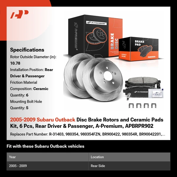 2005-2009 Subaru Outback Disc Brake Rotors and Ceramic Pads Kit, 6 Pcs, Rear Driver & Passenger, A-Premium, APBRPR902