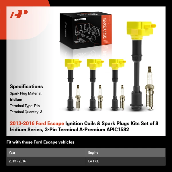 2013-2016 Ford Escape Ignition Coils & Spark Plugs Kits Set of 8 Iridium Series, 3-Pin Terminal A-Premium APIC1582