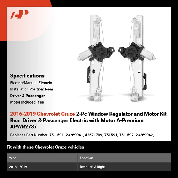 2016-2019 Chevrolet Cruze 2-Pc Window Regulator and Motor Kit Rear Driver & Passenger Electric with Motor A-Premium APWR2737
