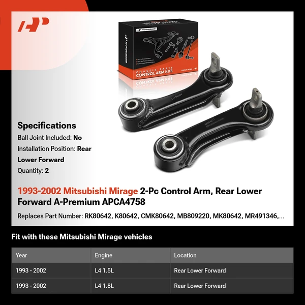 1993-2002 Mitsubishi Mirage 2-Pc Control Arm, Rear Lower Forward A-Premium APCA4758