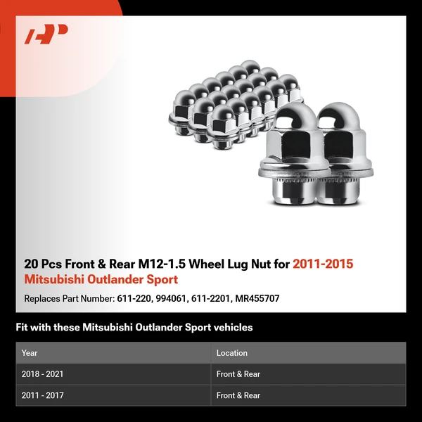 20 Pcs Front & Rear M12-1.5 Wheel Lug Nut for 2011-2015 Mitsubishi Outlander Sport
