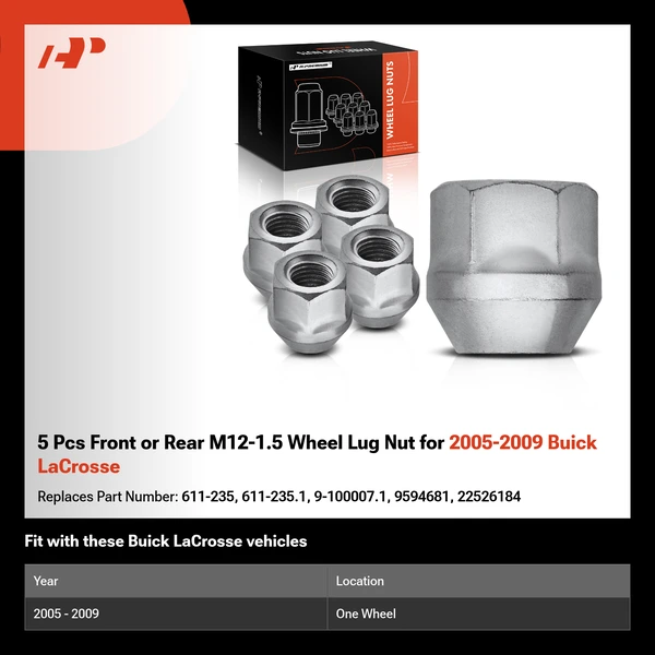 5 Pcs Front or Rear M12-1.5 Wheel Lug Nut for 2005-2009 Buick LaCrosse