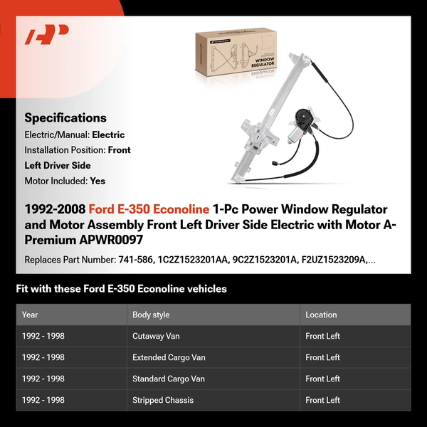 1992-2008 Ford E-350 Econoline 1-Pc Power Window Regulator and Motor Assembly Front Left Driver Side Electric with Motor A-Premium APWR0097