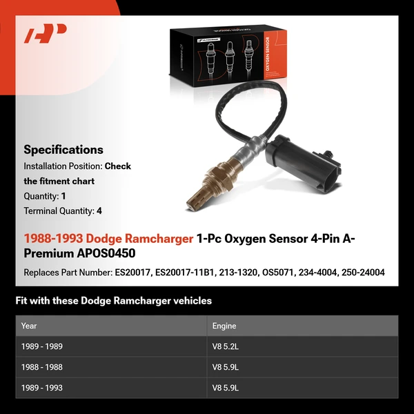 1988-1993 Dodge Ramcharger 1-Pc Oxygen Sensor 4-Pin A-Premium APOS0450