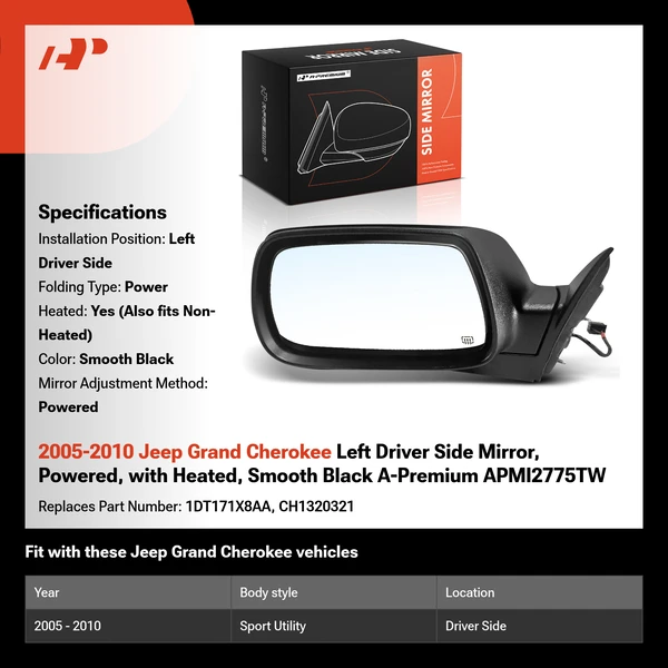 2005-2010 Jeep Grand Cherokee Left Driver Side Mirror, Powered, with Heated, Smooth Black A-Premium APMI2775TW