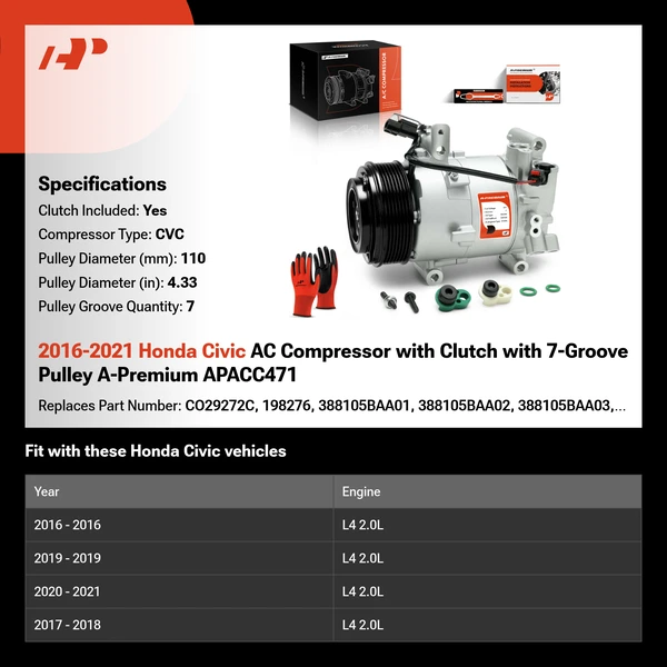 2016-2021 Honda Civic AC Compressor with Clutch with 7-Groove Pulley A-Premium APACC471
